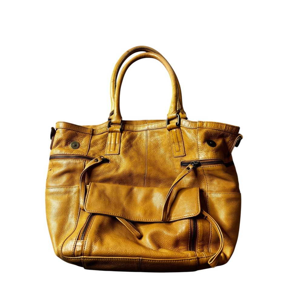 Day & Mood Mustard Yellow Pebbled Leather Multi-Pocket Tote Bag with Top Handles